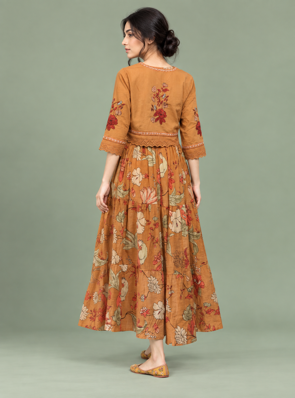 Terra Bloom Rust Hand Block Cotton Three-Layer A-Line Dress with Jacket