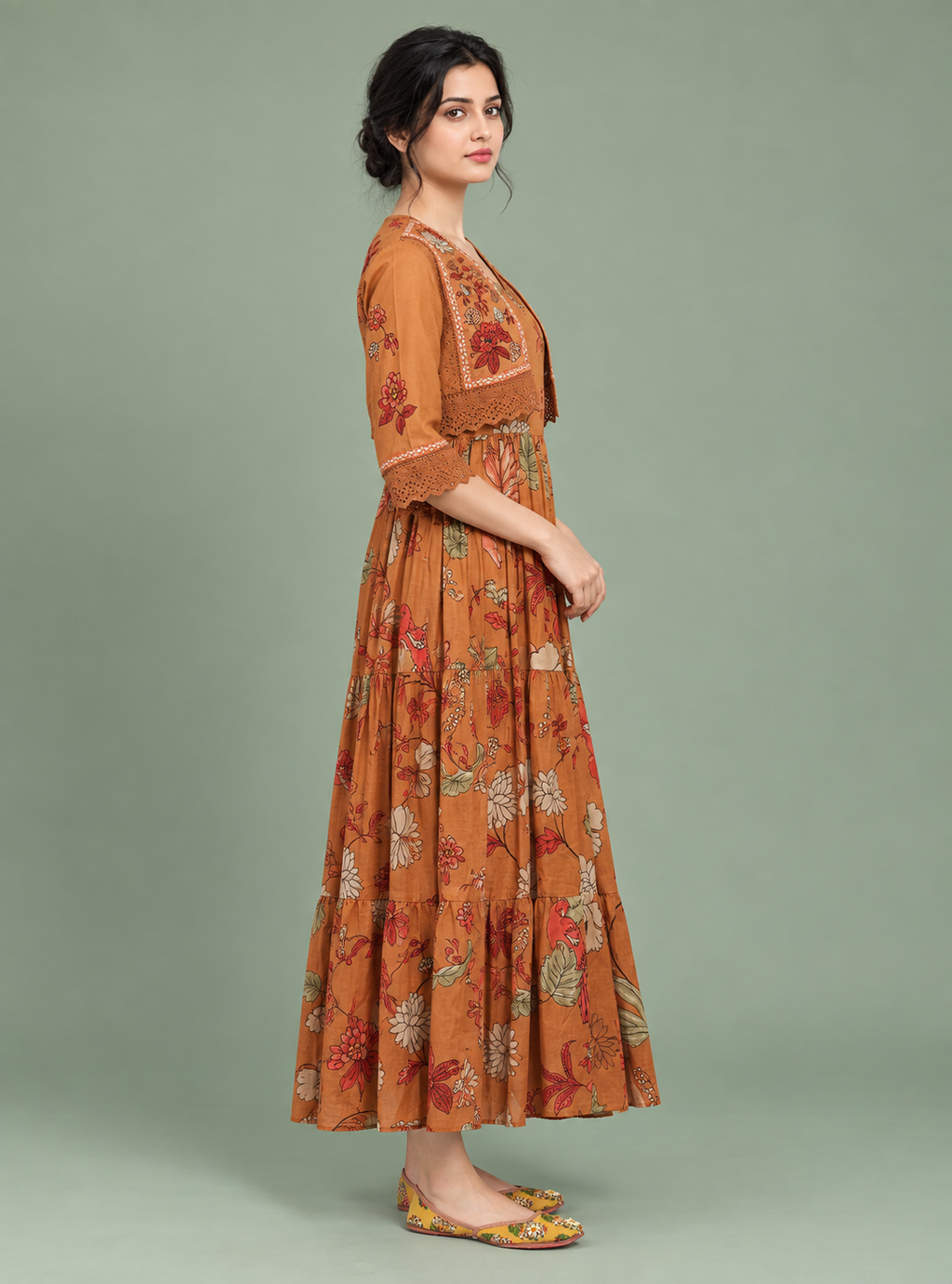 Terra Bloom Rust Hand Block Cotton Three-Layer A-Line Dress with Jacket