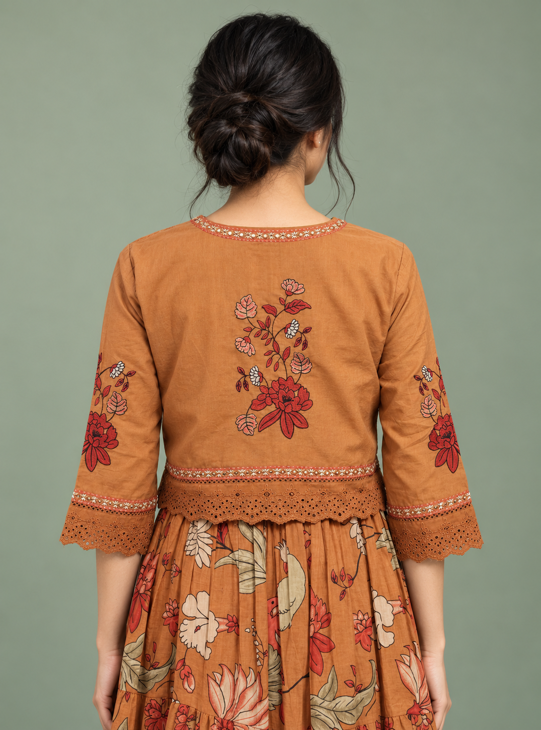 Terra Bloom Rust Hand Block Cotton Three-Layer A-Line Dress with Jacket
