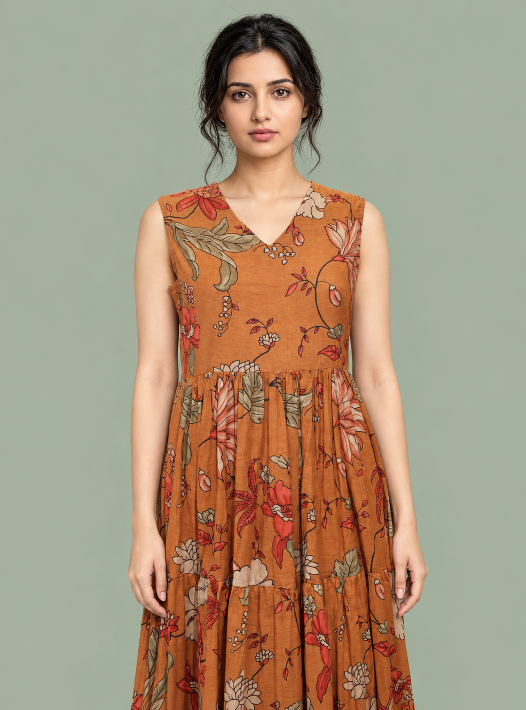 Terra Bloom Rust Hand Block Cotton Three-Layer A-Line Dress with Jacket