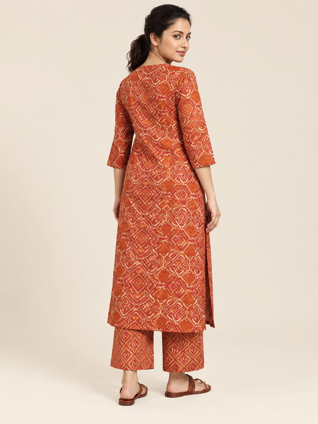 Terracotta Craft Rust Hand Block Print Cotton Mirror Work Suit Set with Dupatta
