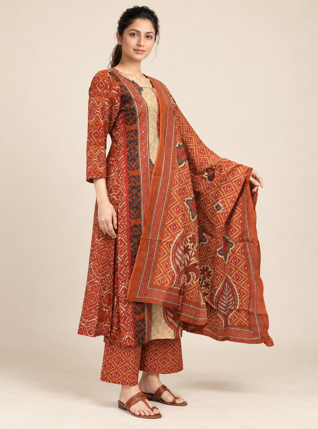 Terracotta Craft Rust Hand Block Print Cotton Mirror Work Suit Set with Dupatta