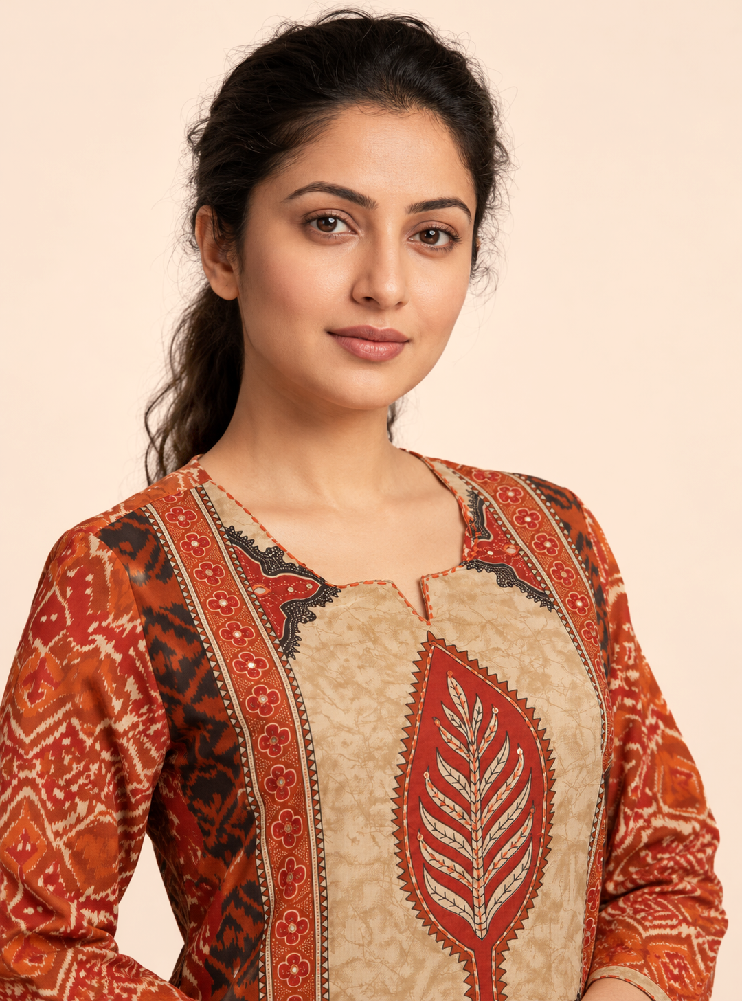 Terracotta Craft Rust Hand Block Print Cotton Mirror Work Suit Set with Dupatta