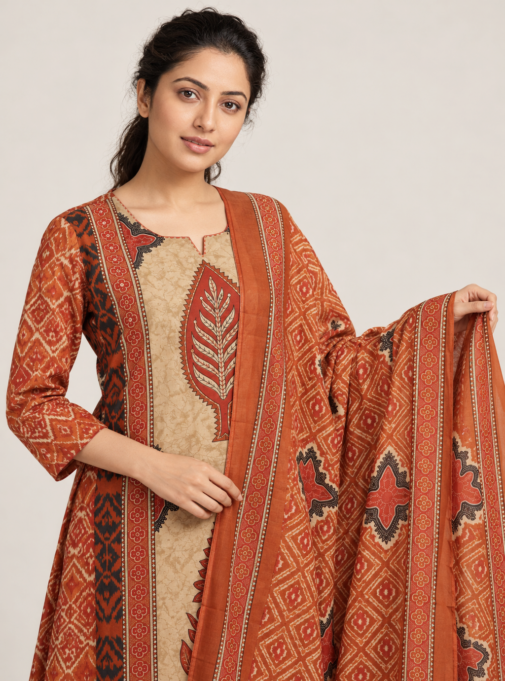 Terracotta Craft Rust Hand Block Print Cotton Mirror Work Suit Set with Dupatta