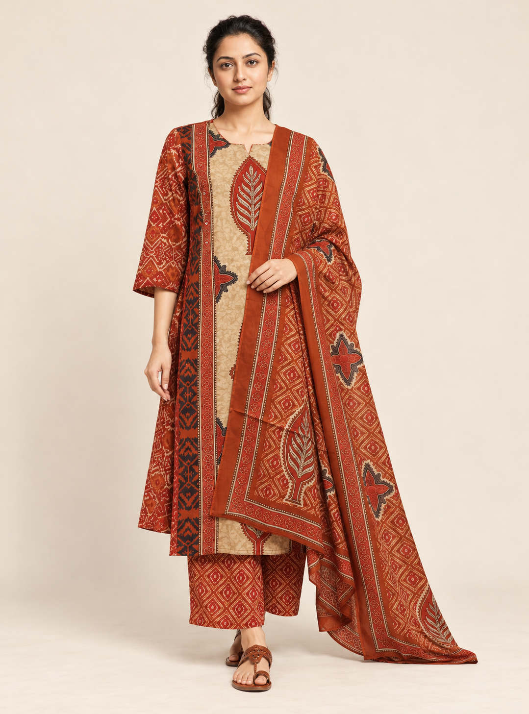 Terracotta Craft Rust Hand Block Print Cotton Mirror Work Suit Set with Dupatta