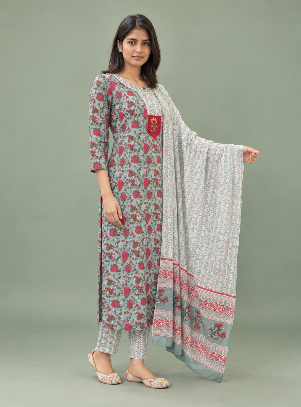 Tropical Rose Sea Green & Dark Pink Printed Cotton Suit Set with Dupatta