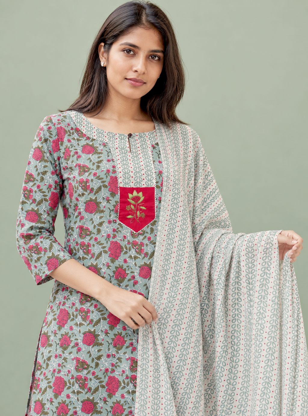 Tropical Rose Sea Green & Dark Pink Printed Cotton Suit Set with Dupatta
