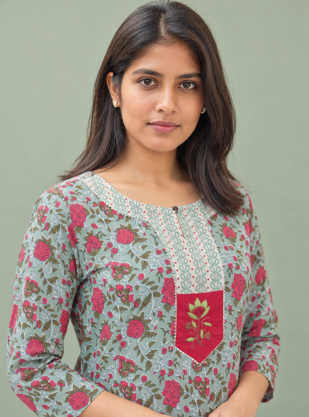 Tropical Rose Sea Green & Dark Pink Printed Cotton Suit Set with Dupatta