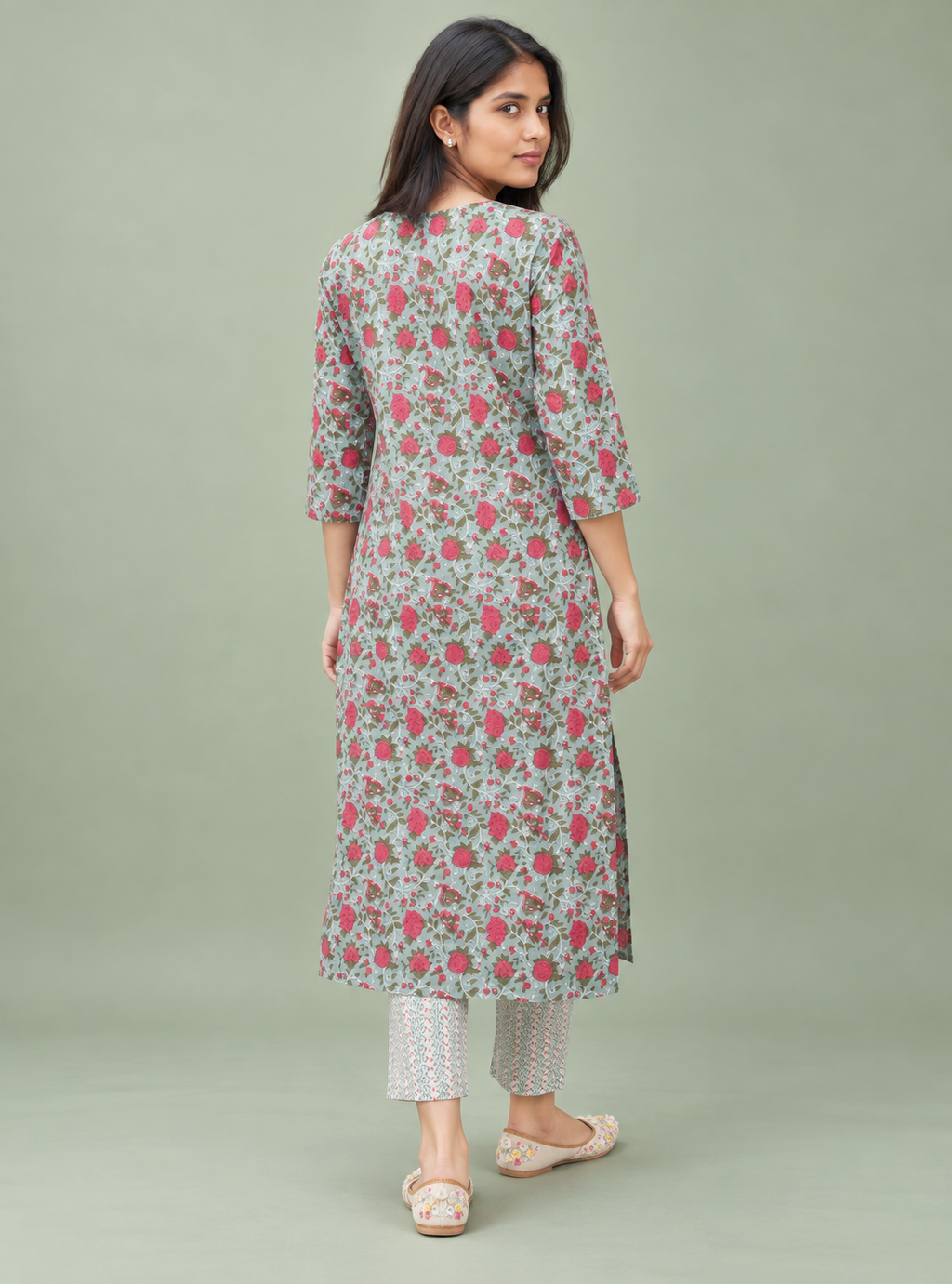 Tropical Rose Sea Green & Dark Pink Printed Cotton Suit Set with Dupatta
