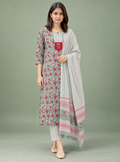 Tropical Rose Sea Green & Dark Pink Printed Cotton Suit Set with Dupatta
