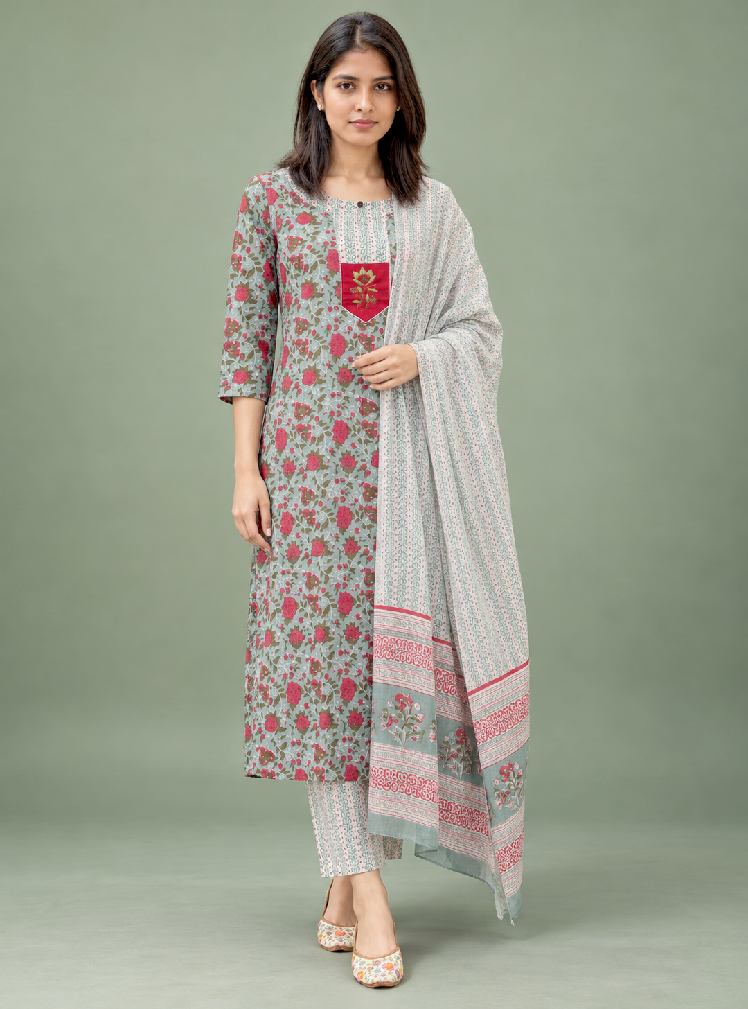 Tropical Rose Sea Green & Dark Pink Printed Cotton Suit Set with Dupatta