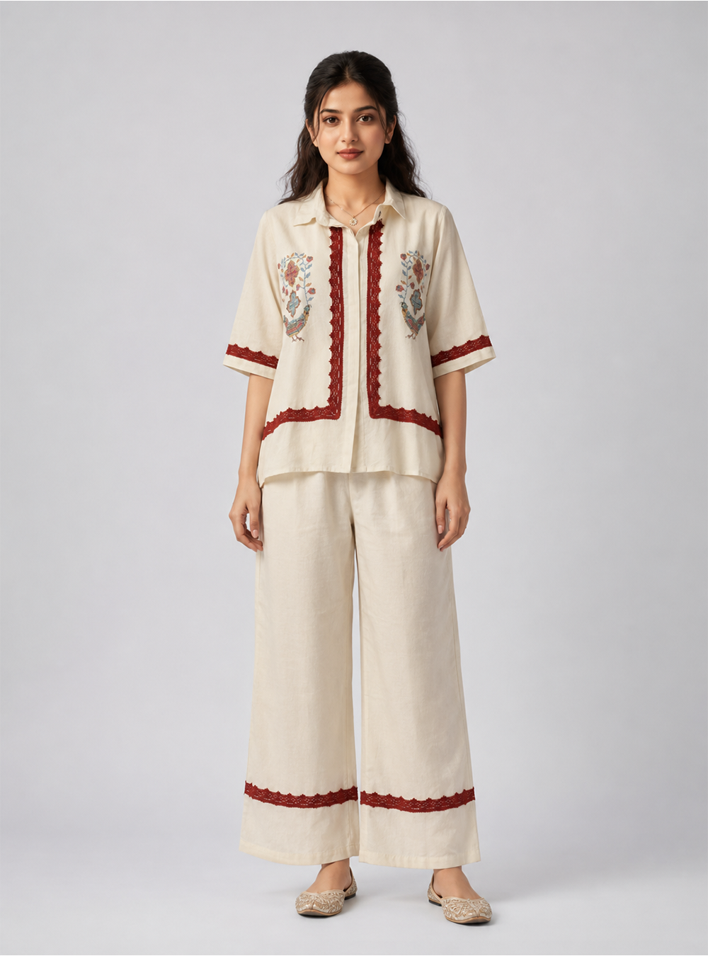 Ivory Linen Off White Linen Blend Embroidered Co-Ord Set