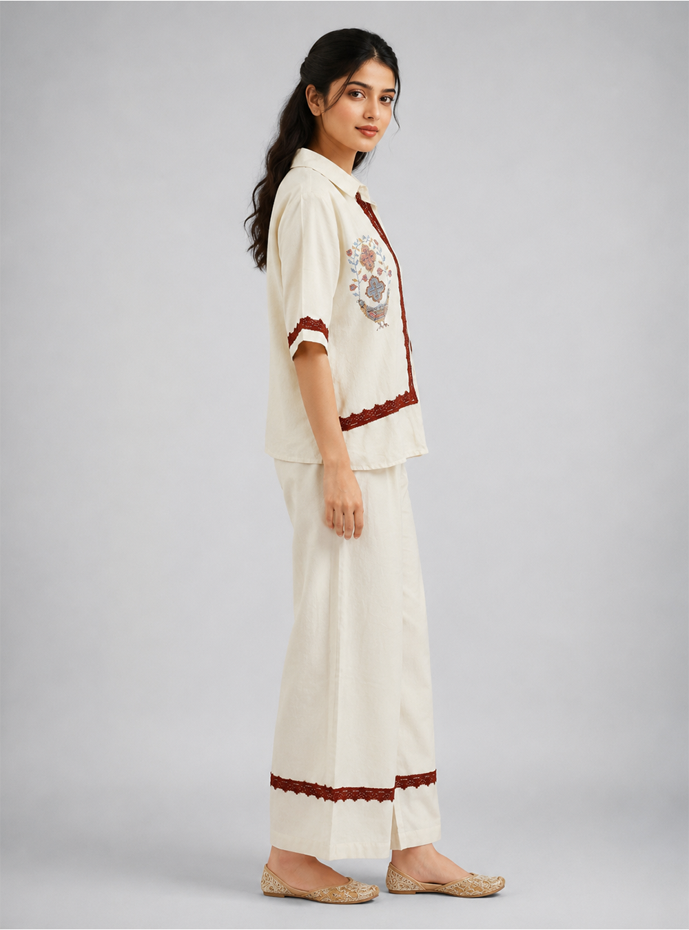 Ivory Linen Off White Linen Blend Embroidered Co-Ord Set