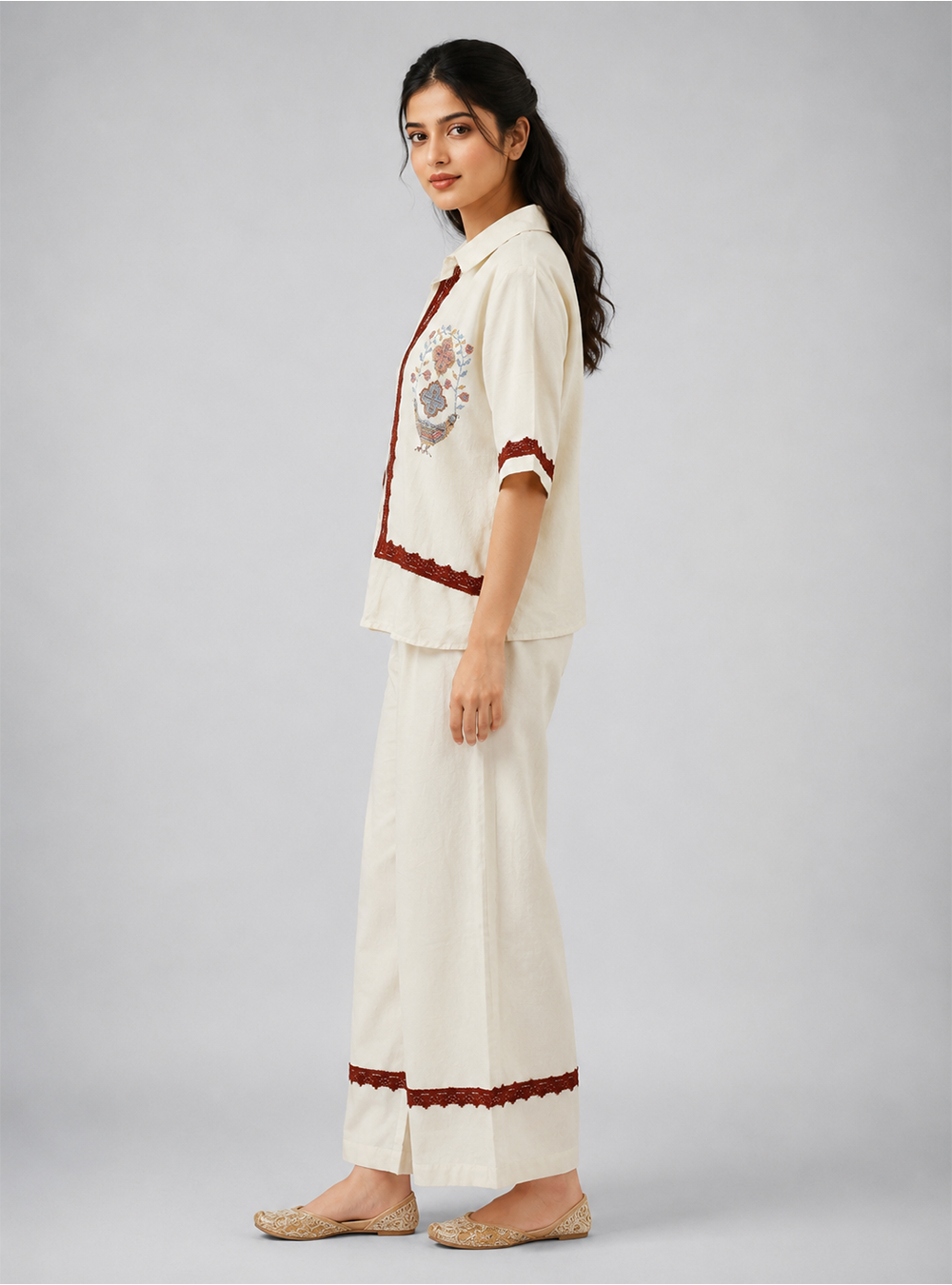 Ivory Linen Off White Linen Blend Embroidered Co-Ord Set