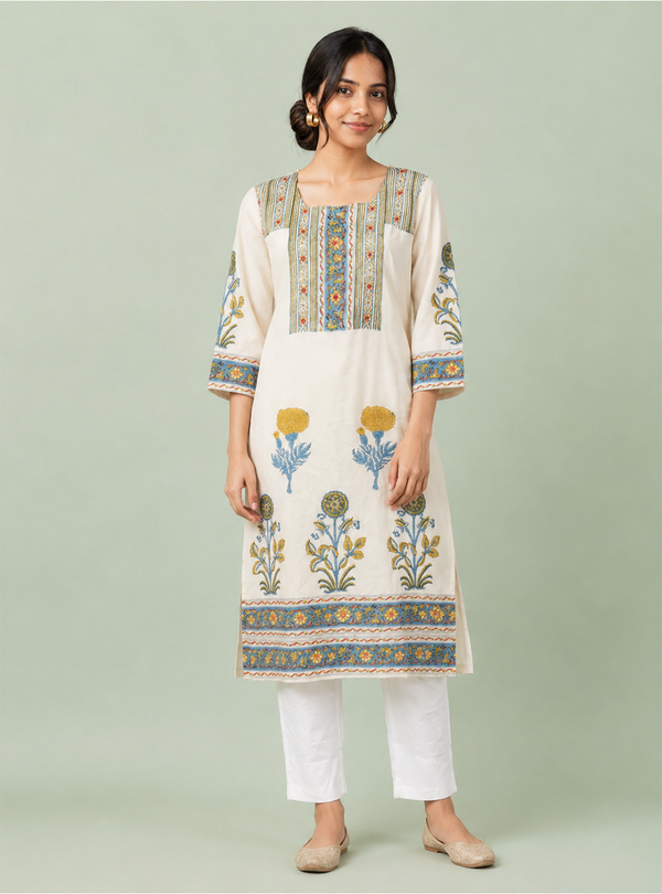 Ivory Artisan White Block Print Mull Cotton Co-Ord Set