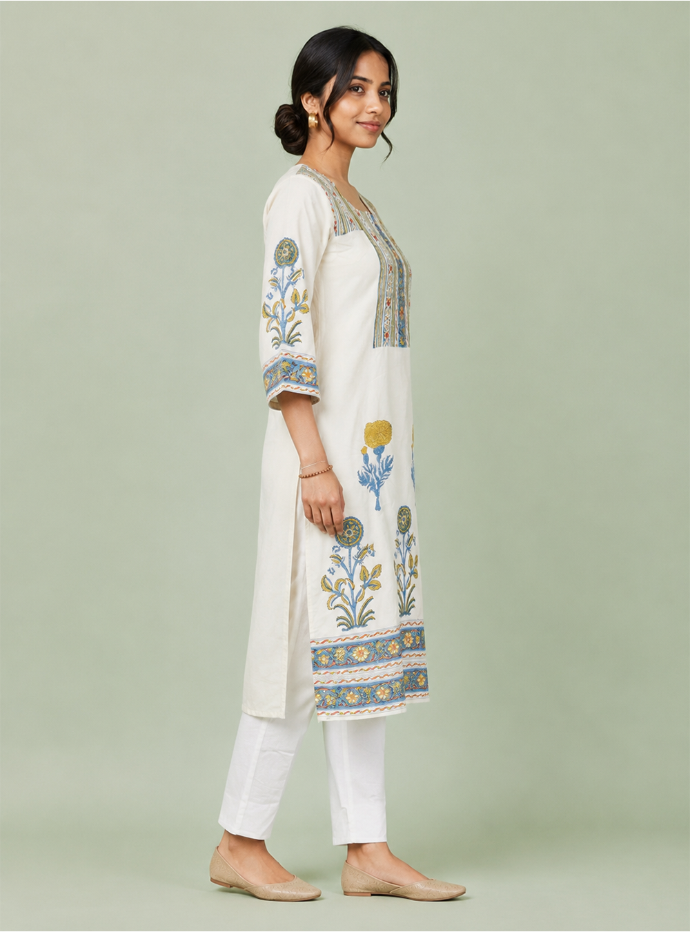 Ivory Artisan White Block Print Mull Cotton Co-Ord Set