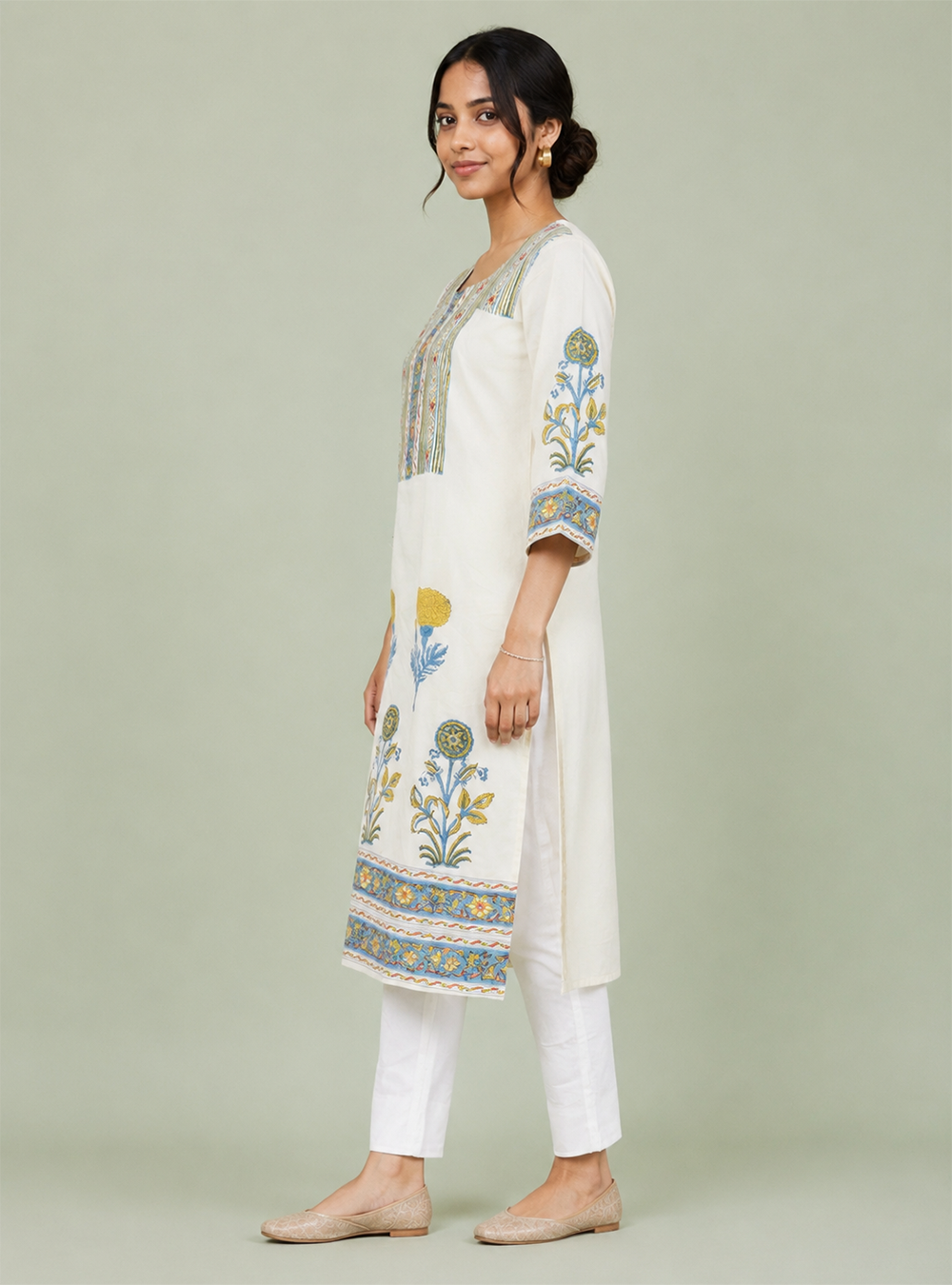 Ivory Artisan White Block Print Mull Cotton Co-Ord Set