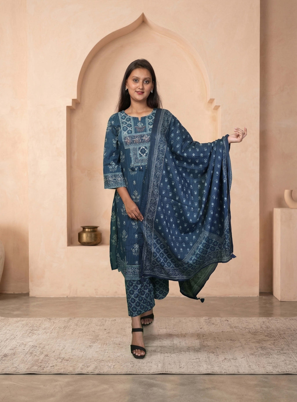 Indigo block print cotton straight suit sets with dupatta