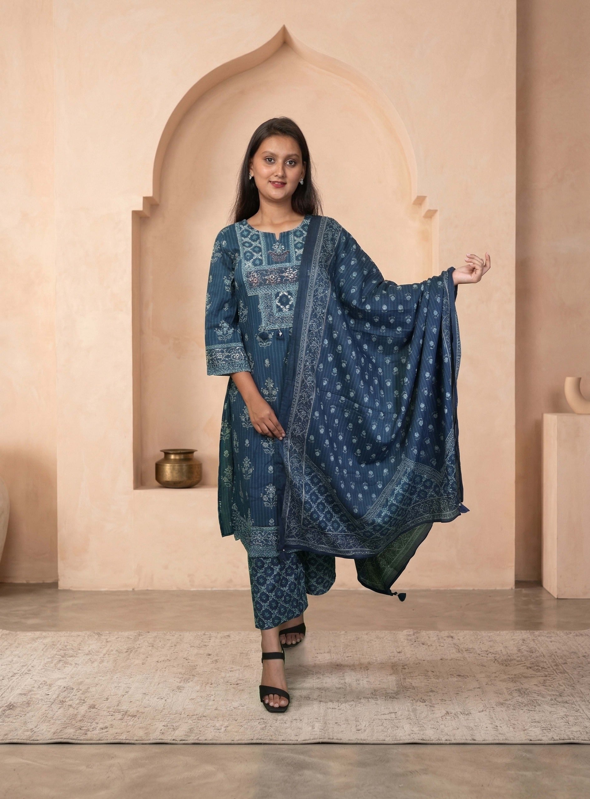 Indigo block print cotton straight suit sets with dupatta
