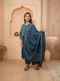 Indigo block print cotton straight suit sets with dupatta