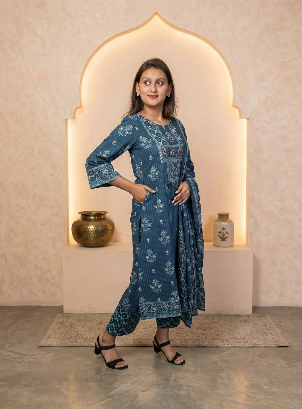 Indigo block print cotton straight suit sets with dupatta