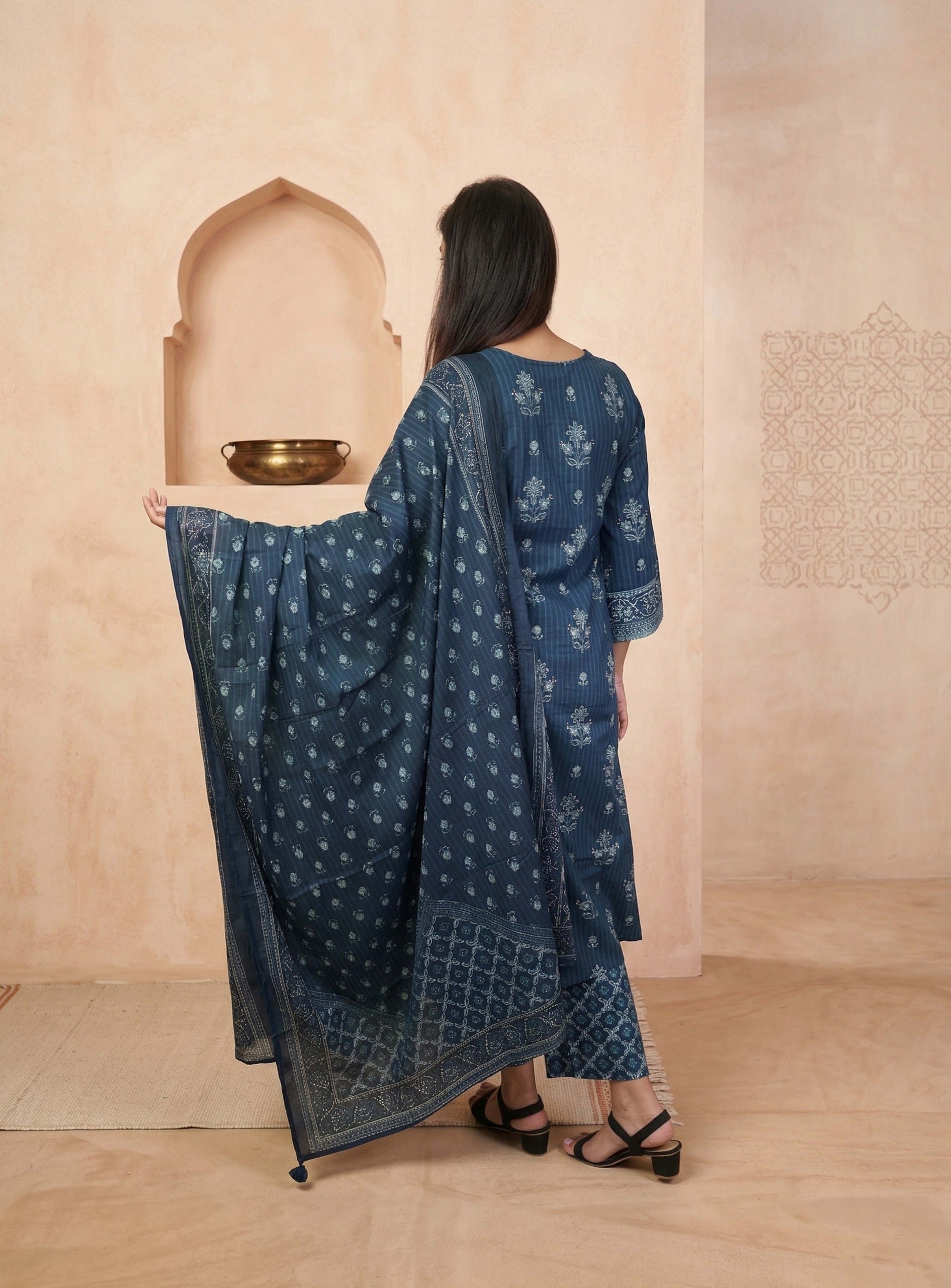 Indigo block print cotton straight suit sets with dupatta