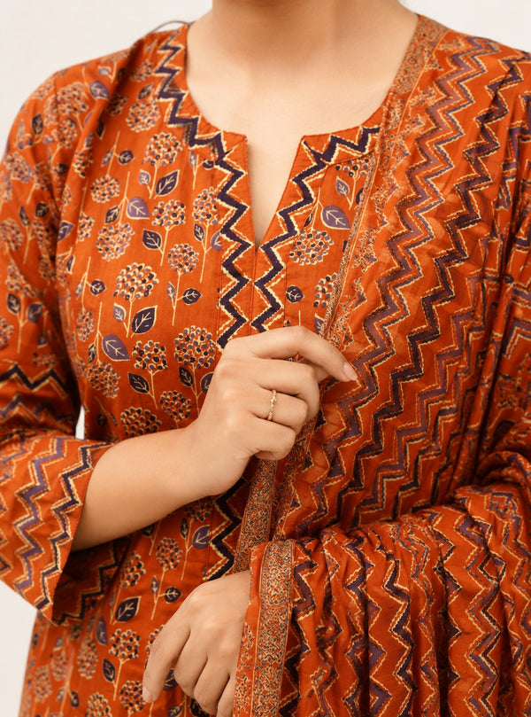 Rust Cotton Printed Straight Suit Set with Dupatta