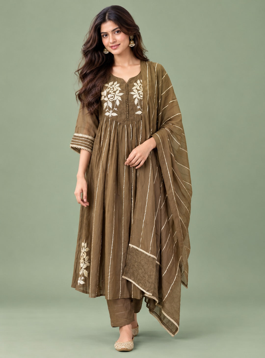 Mehndi Royale Mehandi Banarasi Mul Chanderi Dabka Gotapatti Anarkali Suit Set with Dupatta