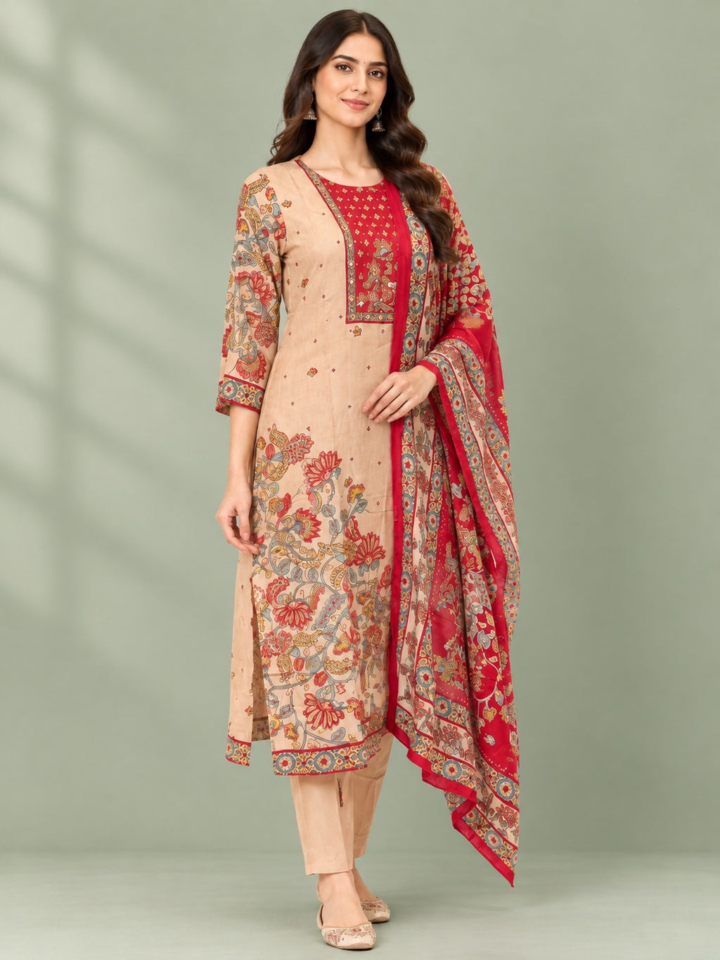 Blush Kalamkari Beige Pink Modal Kalamkari Print Suit Set with Dupatta
