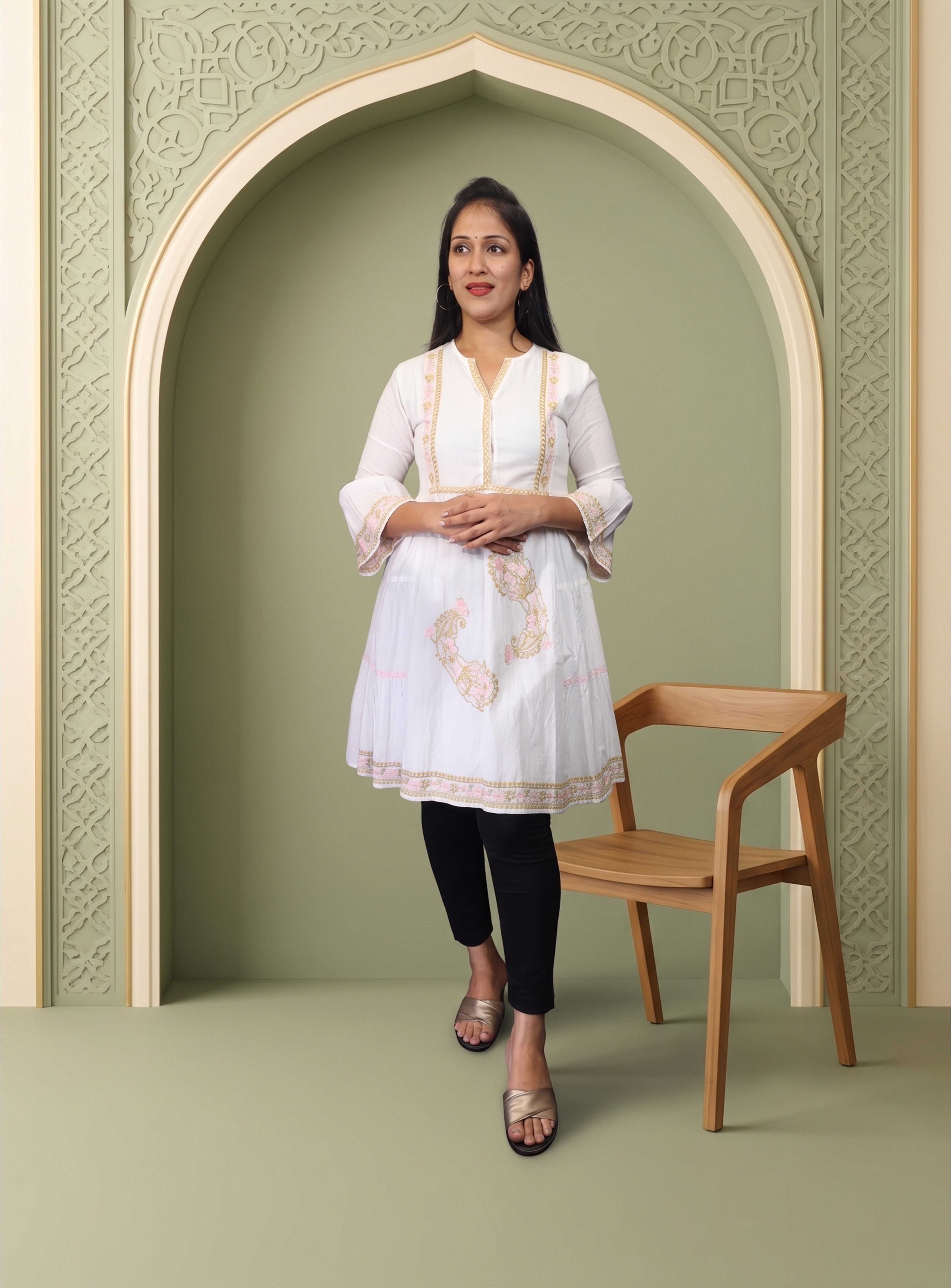 White mul cotton thread embroidery A-Line dress