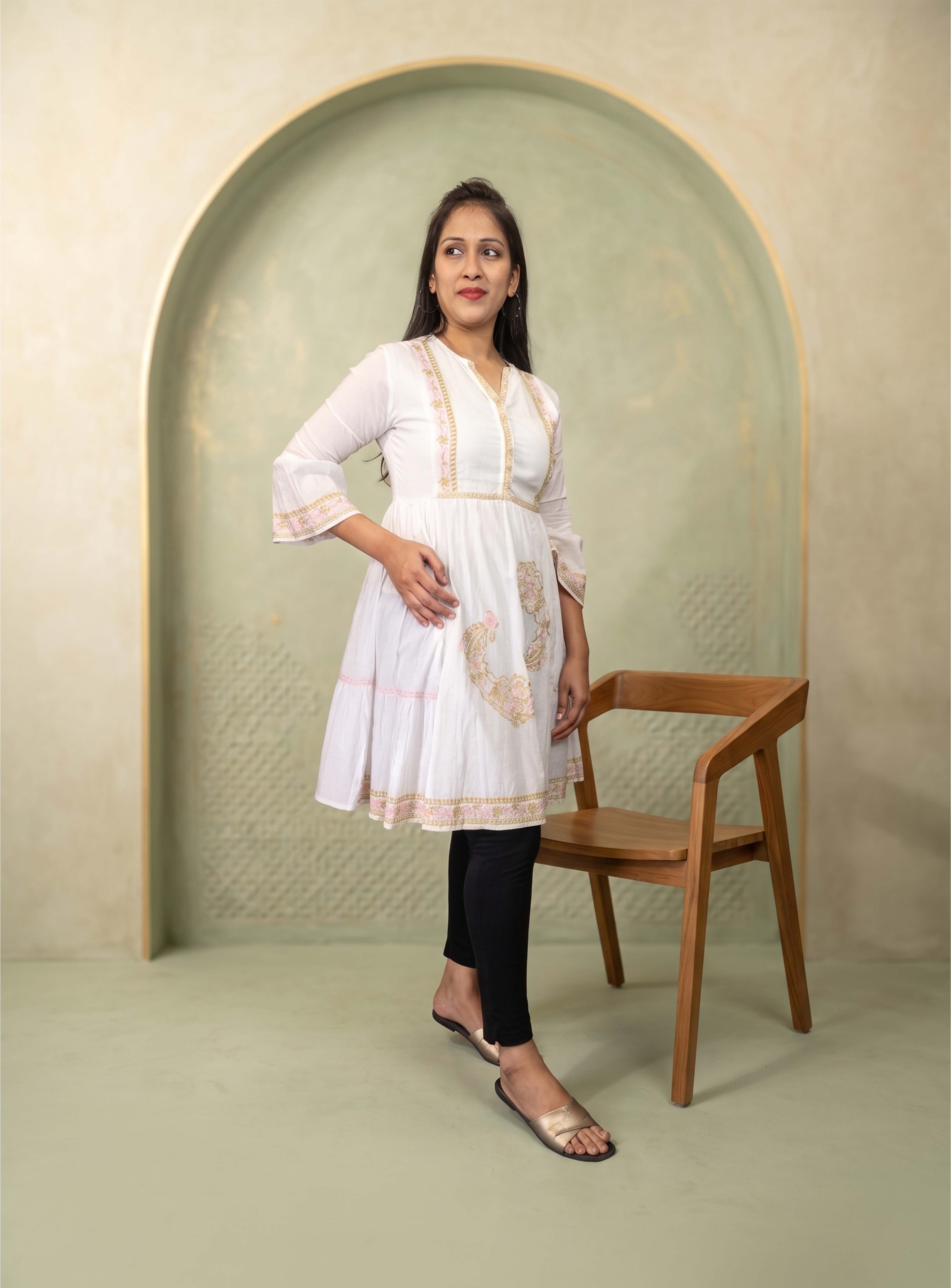 White mul cotton thread embroidery A-Line dress