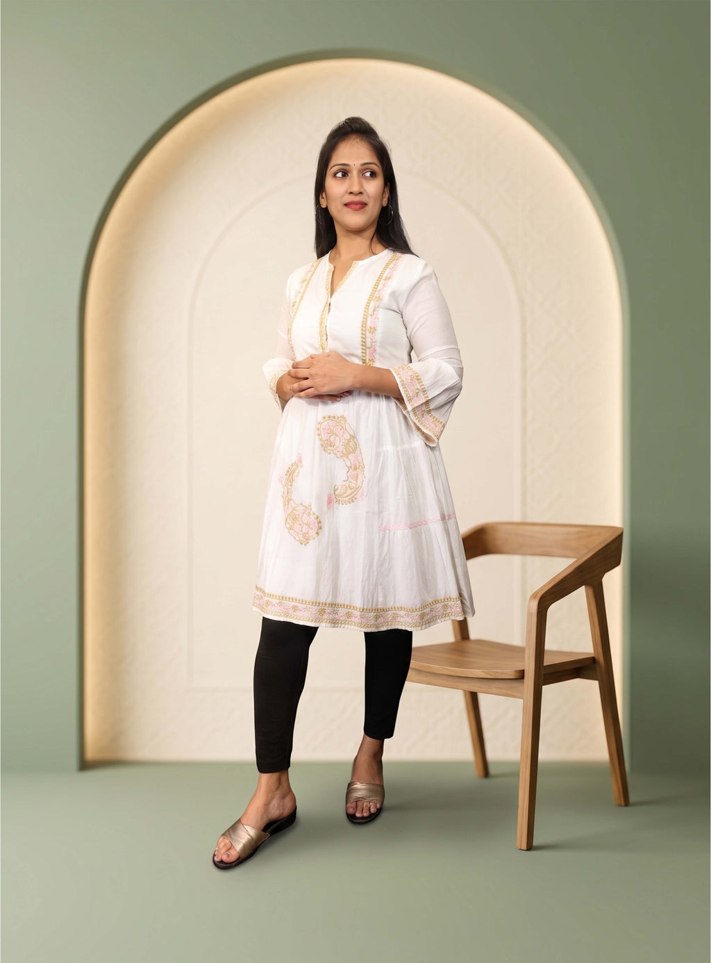 White mul cotton thread embroidery A-Line dress