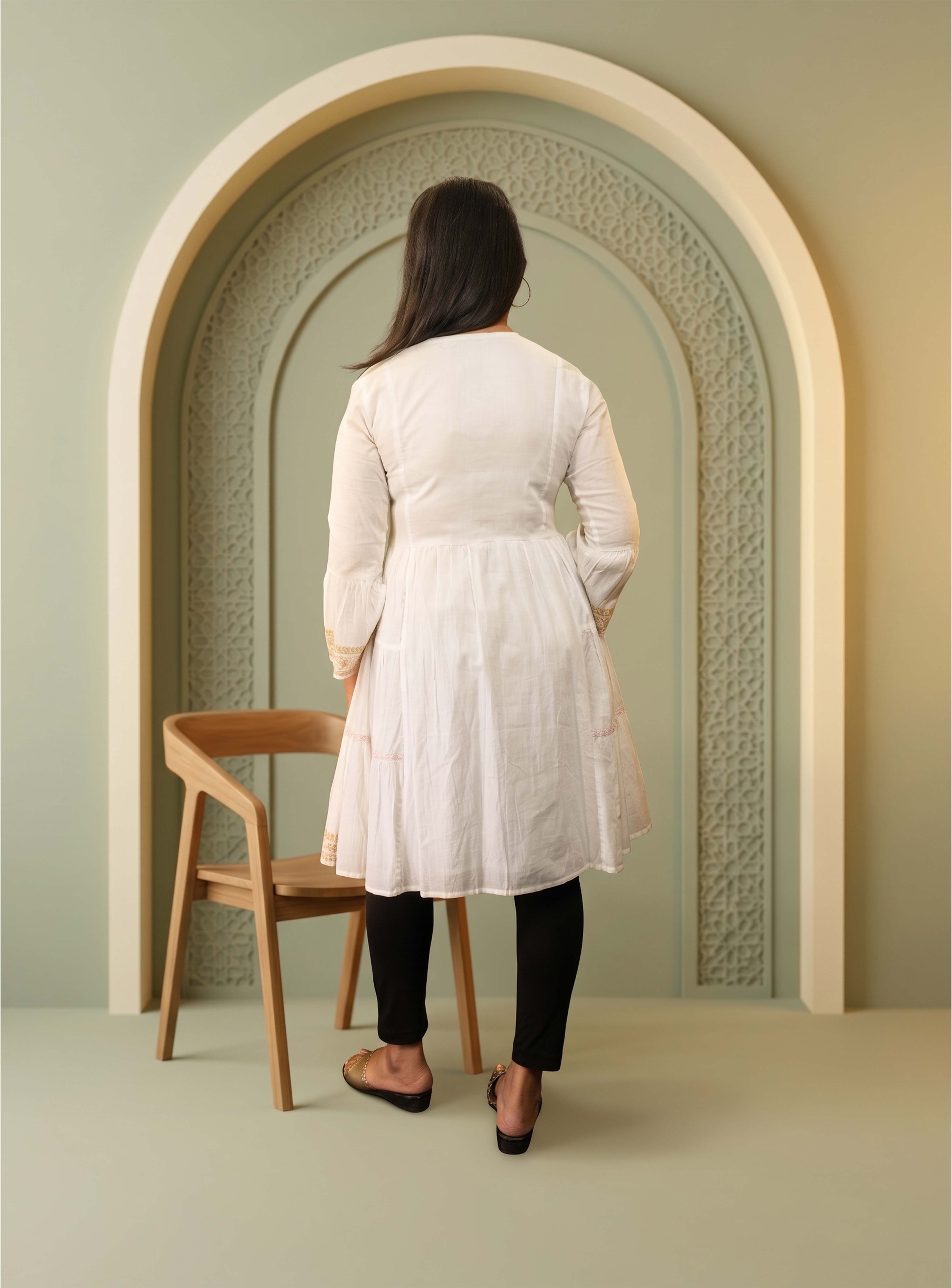 White mul cotton thread embroidery A-Line dress
