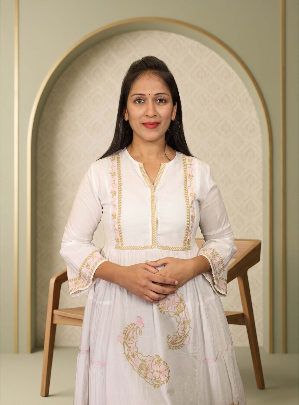 White mul cotton thread embroidery A-Line dress