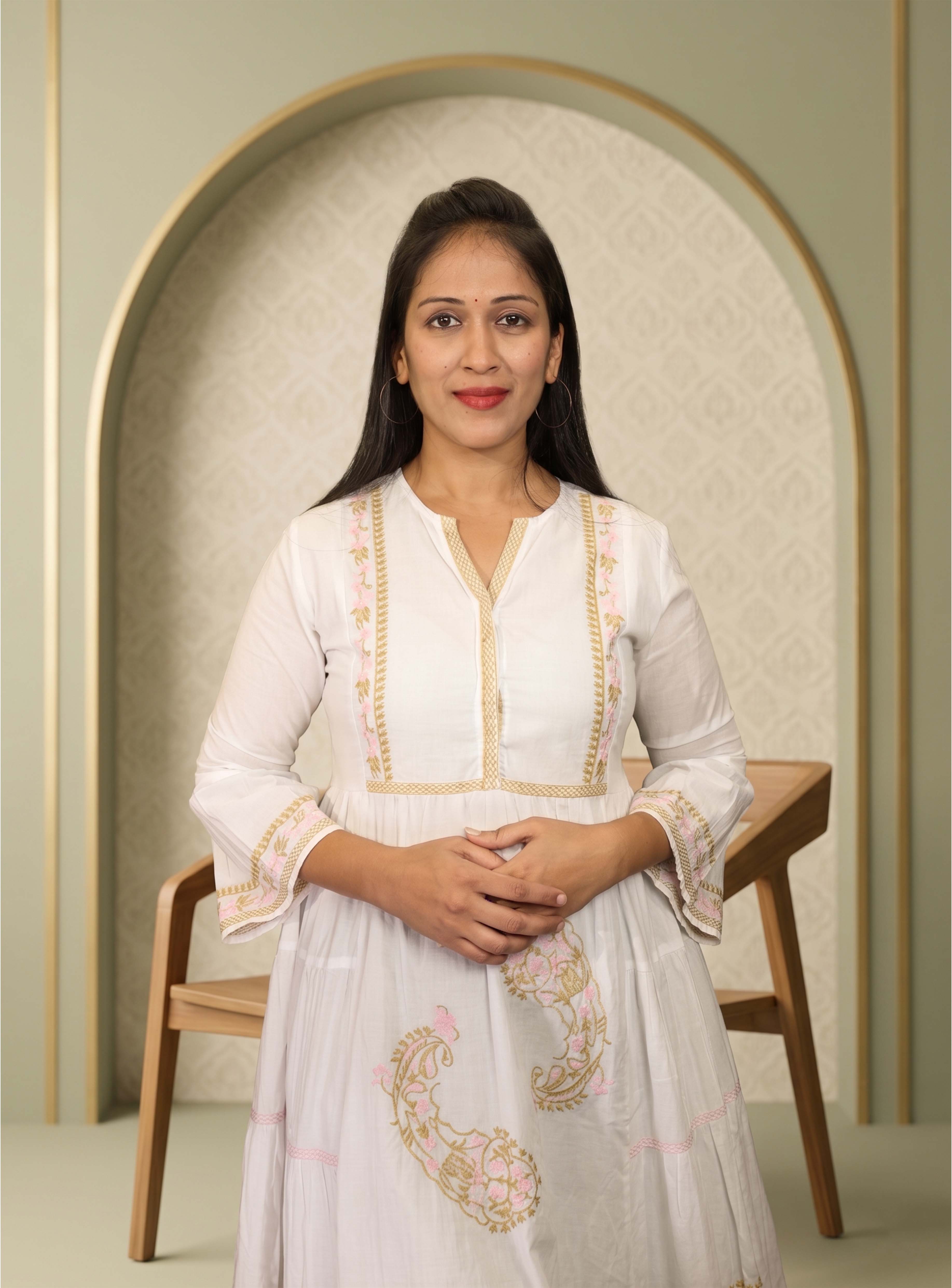 White mul cotton thread embroidery A-Line dress