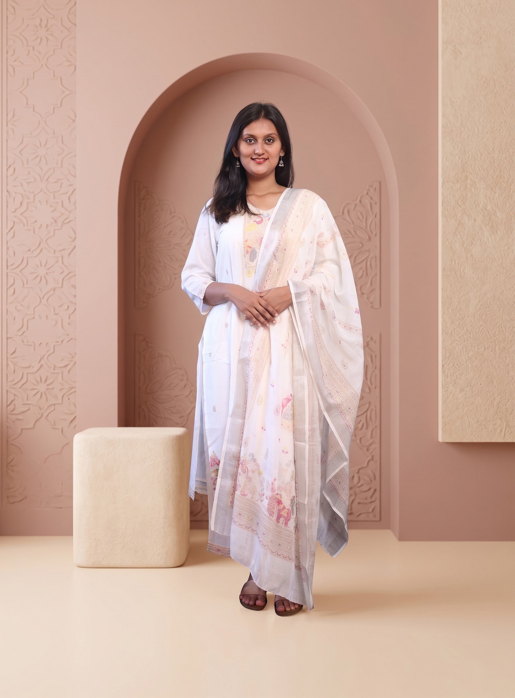 White mul cotton embroidery straight full set with dupatta