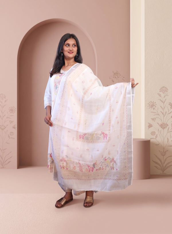 White mul cotton embroidery straight full set with dupatta