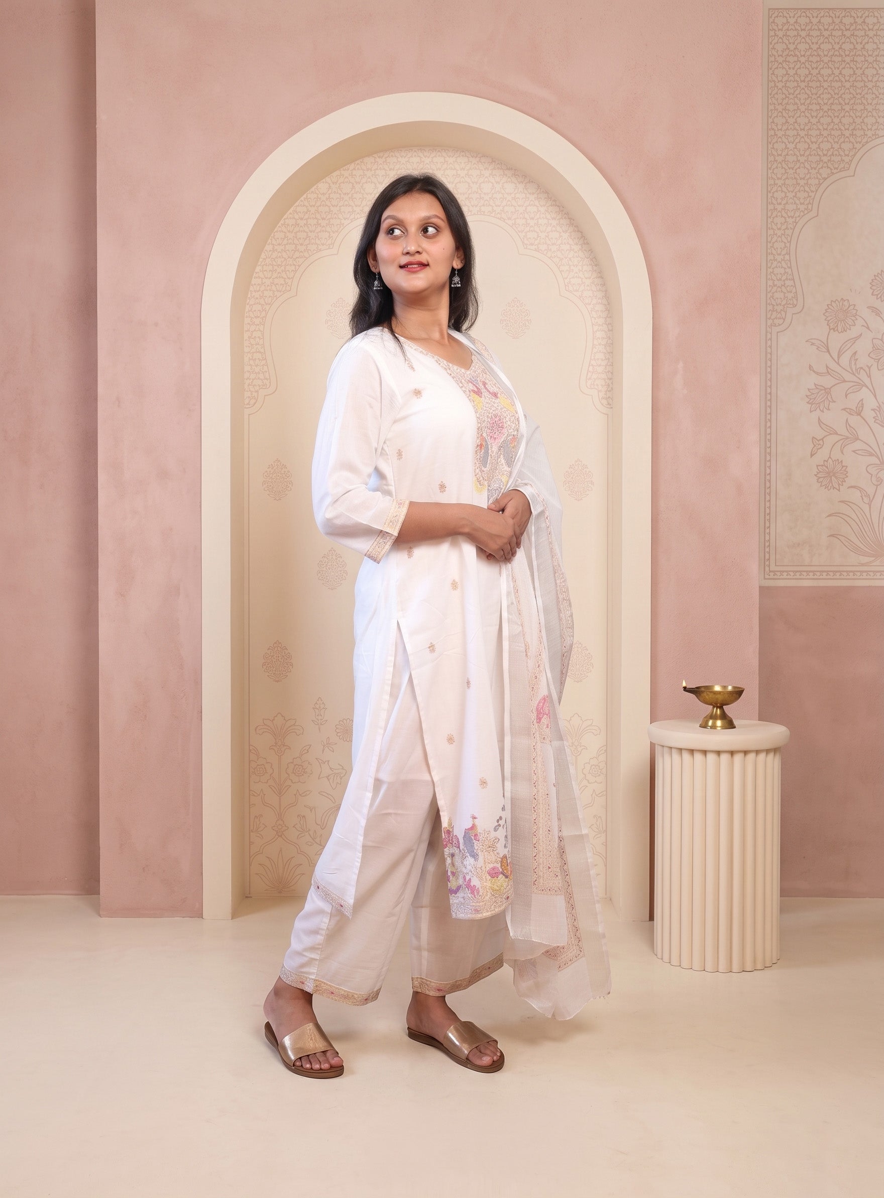 White mul cotton embroidery straight full set with dupatta