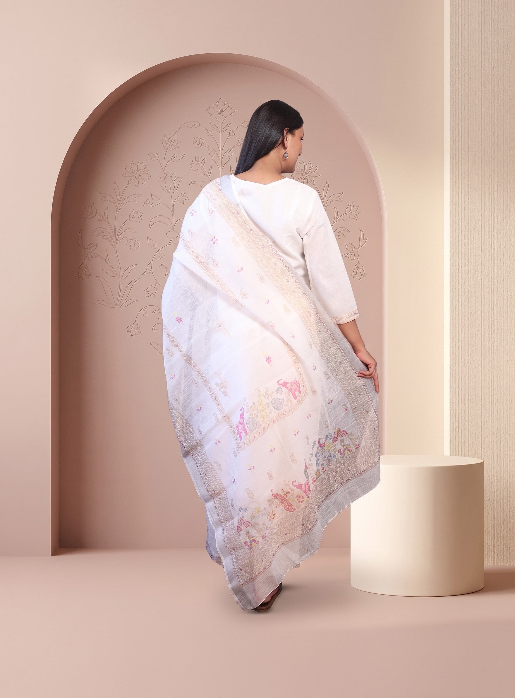 White mul cotton embroidery straight full set with dupatta