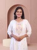 White mul cotton embroidery straight full set with dupatta
