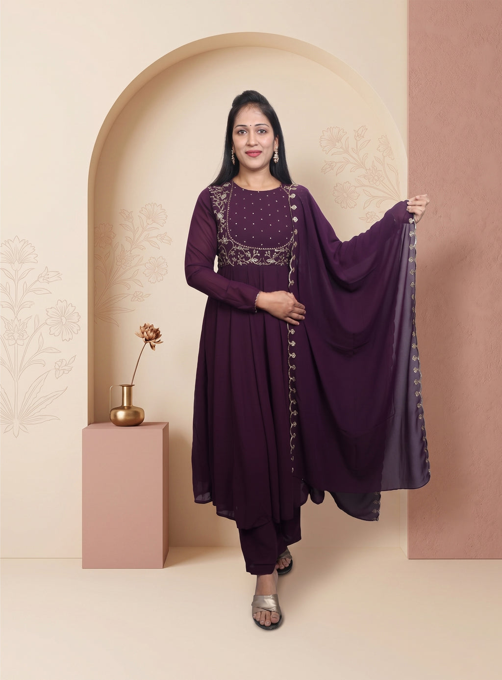 Wine zari work gorget Anarkali set with dupatta