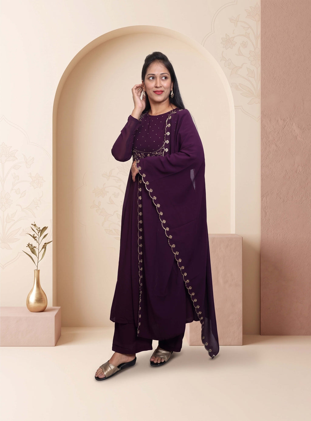 Wine zari work gorget Anarkali set with dupatta