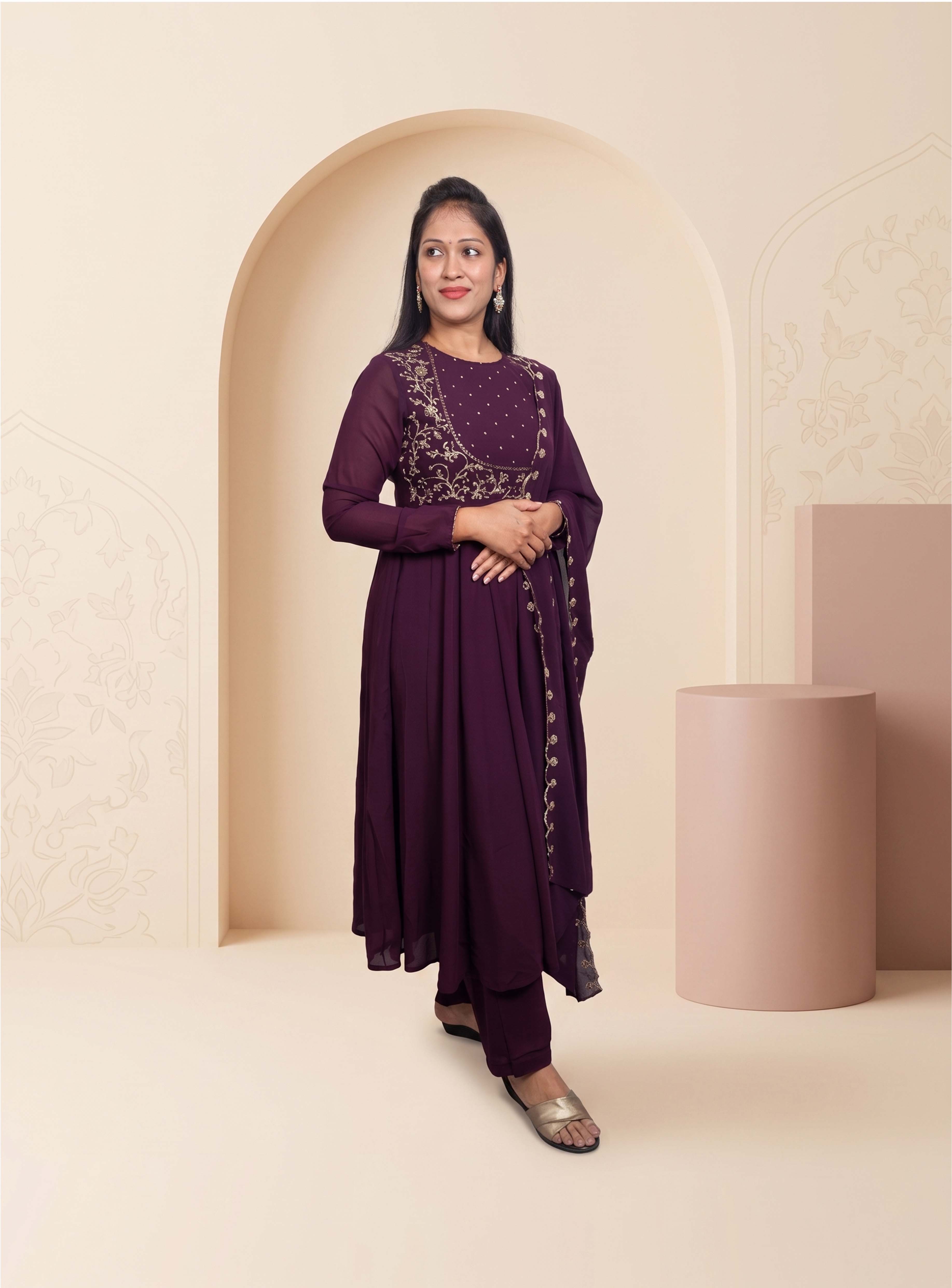 Wine zari work gorget Anarkali set with dupatta