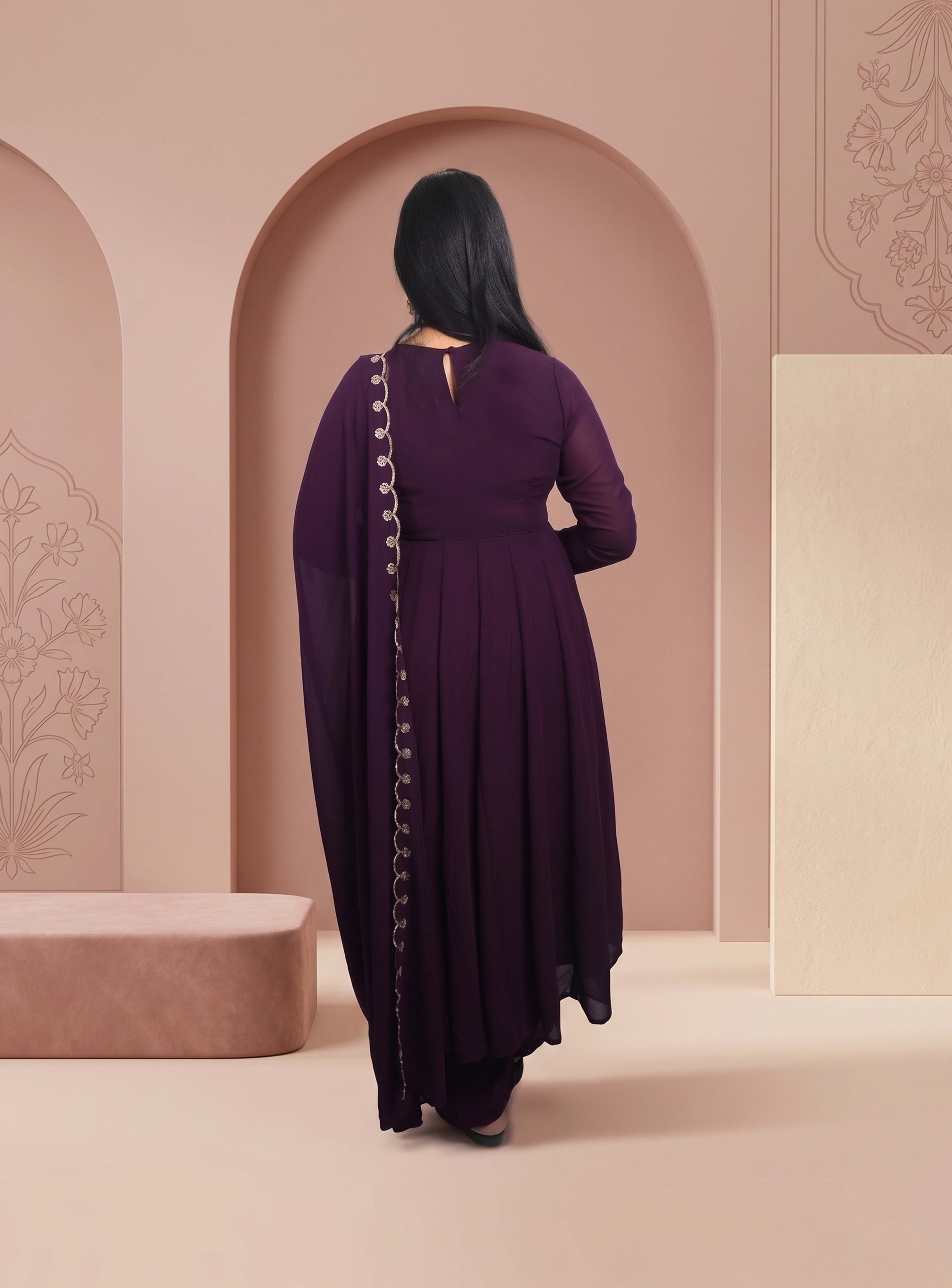Wine zari work gorget Anarkali set with dupatta