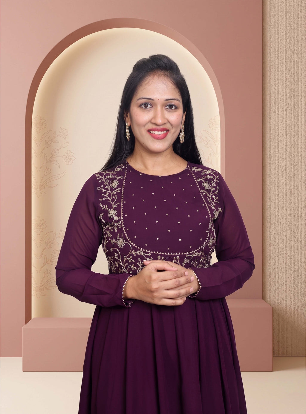 Wine zari work gorget Anarkali set with dupatta