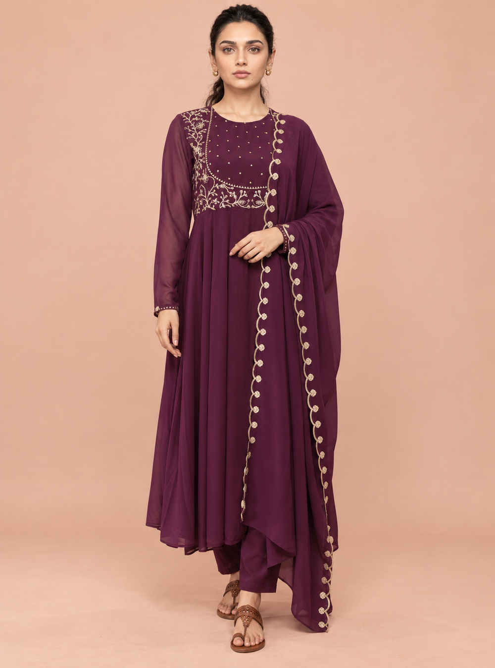 Wine Majesty Wine Zari Work Georgette Anarkali Set with Dupatta – Indieshades
