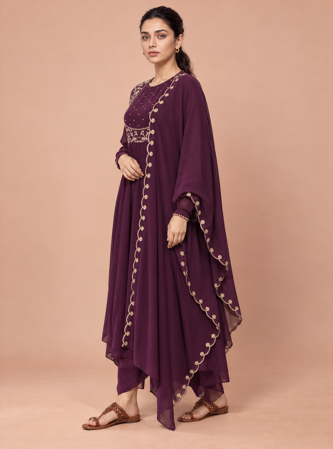 Wine Majesty Wine Zari Work Georgette Anarkali Set with Dupatta – Indieshades