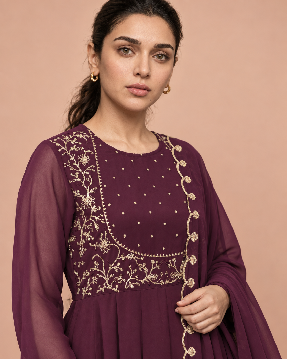 Wine Majesty Wine Zari Work Georgette Anarkali Set with Dupatta – Indieshades