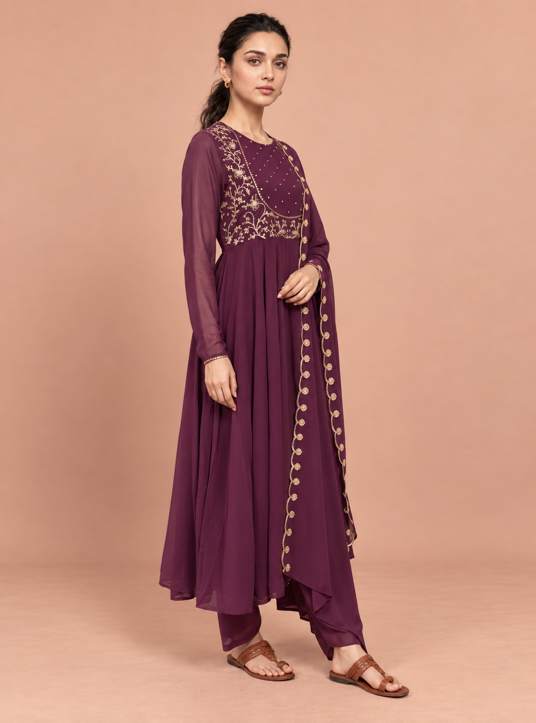 Wine Majesty Wine Zari Work Georgette Anarkali Set with Dupatta – Indieshades