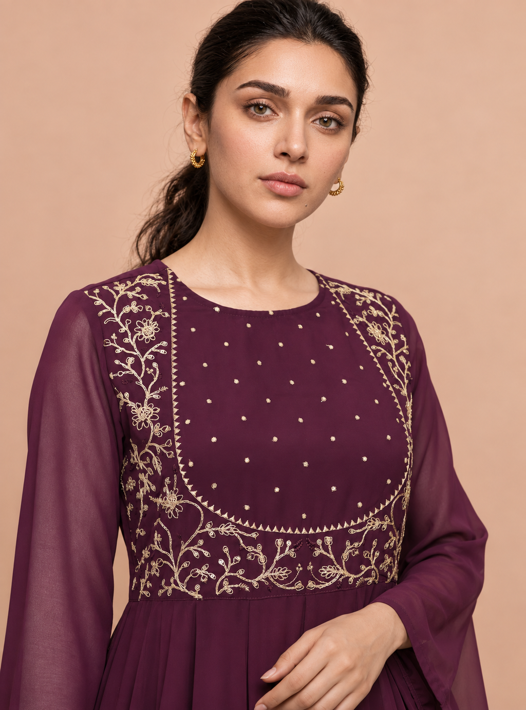 Wine Majesty Wine Zari Work Georgette Anarkali Set with Dupatta – Indieshades